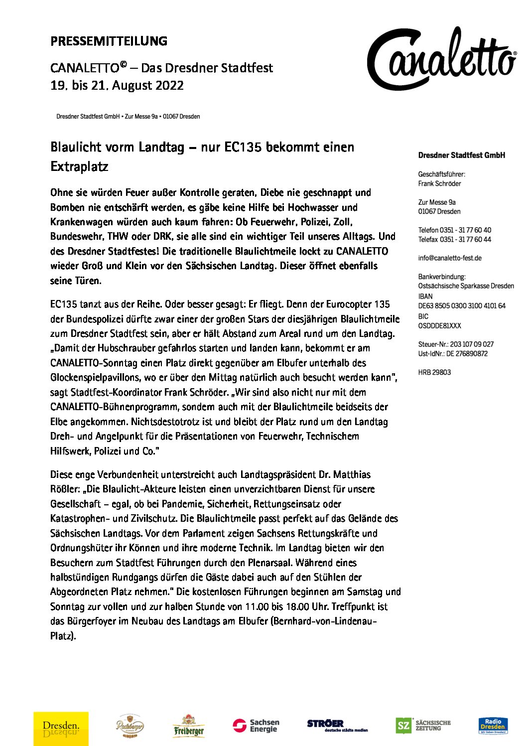 CANALETTO – Das Dresdner Stadtfest vom 15. – 17. August 2025 - Pressemitteilung - Pressemitteilung_Blaulichtmeile