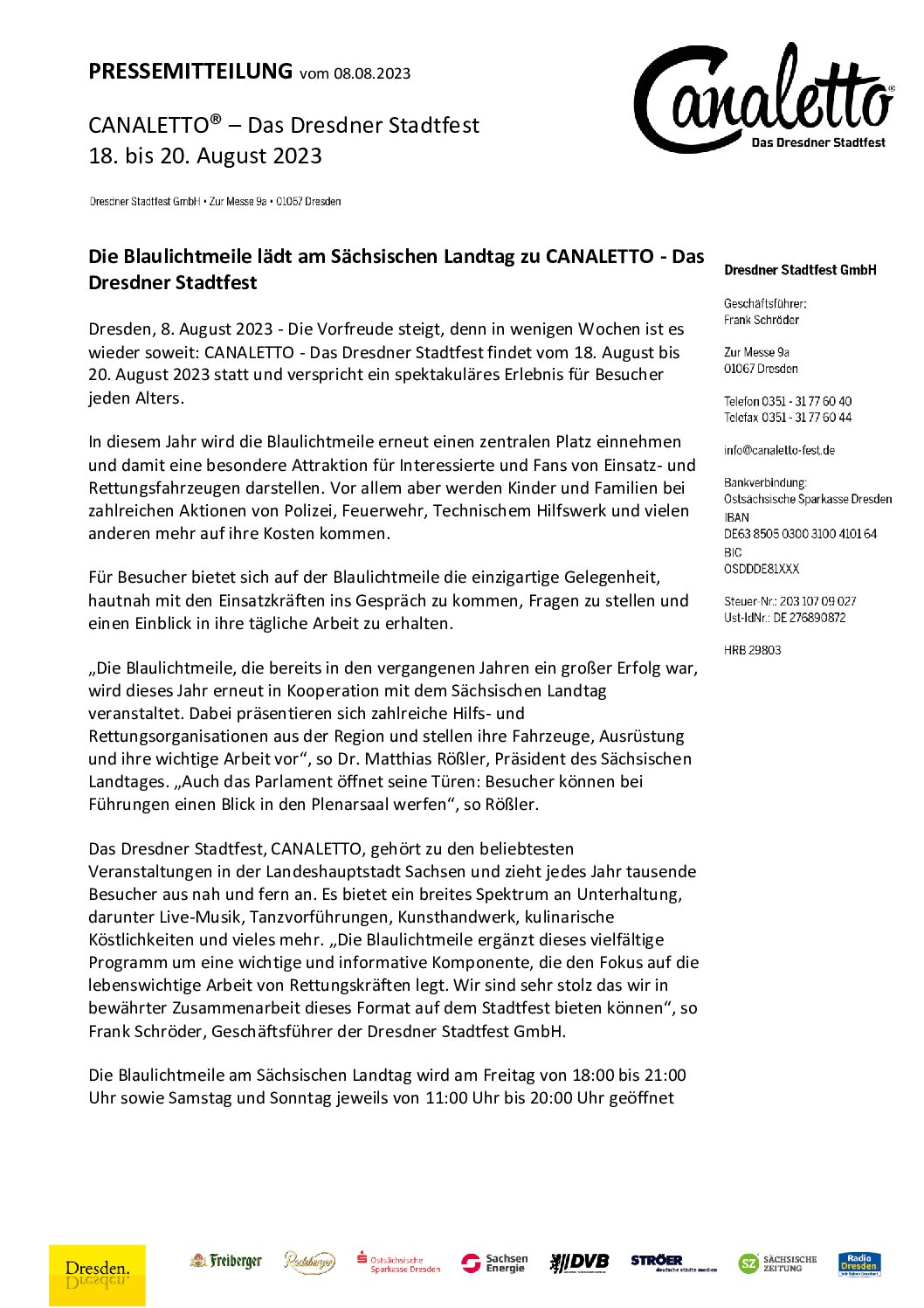 CANALETTO – Das Dresdner Stadtfest vom 15. – 17. August 2025 - Pressemitteilung - PM_Canaletto_Blaulichtmeile