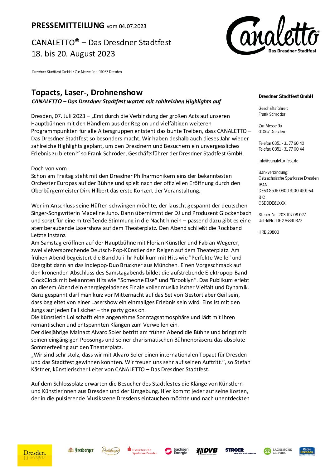 CANALETTO – Das Dresdner Stadtfest vom 15. – 17. August 2025 - Pressemitteilung - PM_Programm