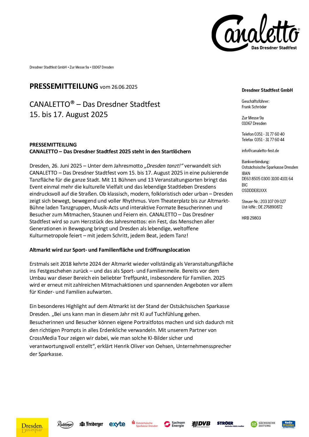 CANALETTO – Das Dresdner Stadtfest vom 15. – 17. August 2025 - Pressemitteilung - PM_26.06.25