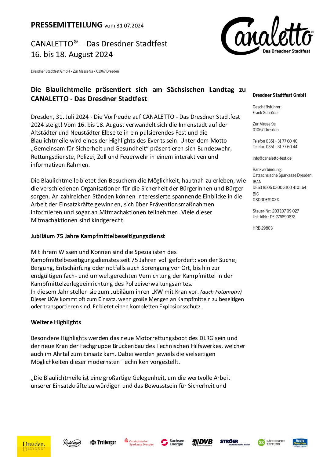 CANALETTO – Das Dresdner Stadtfest vom 16. – 18. August 2024 - Pressemitteilung - PM_Canaletto_Blaulichtmeile